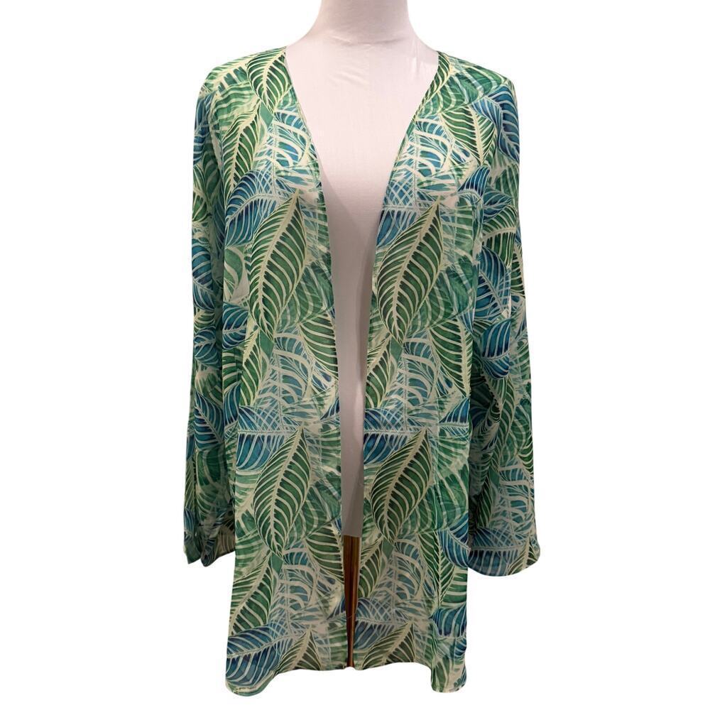 Green Kimono Leaf Print Tropical Bikini Cover Up One Size Vacation Resort Beach